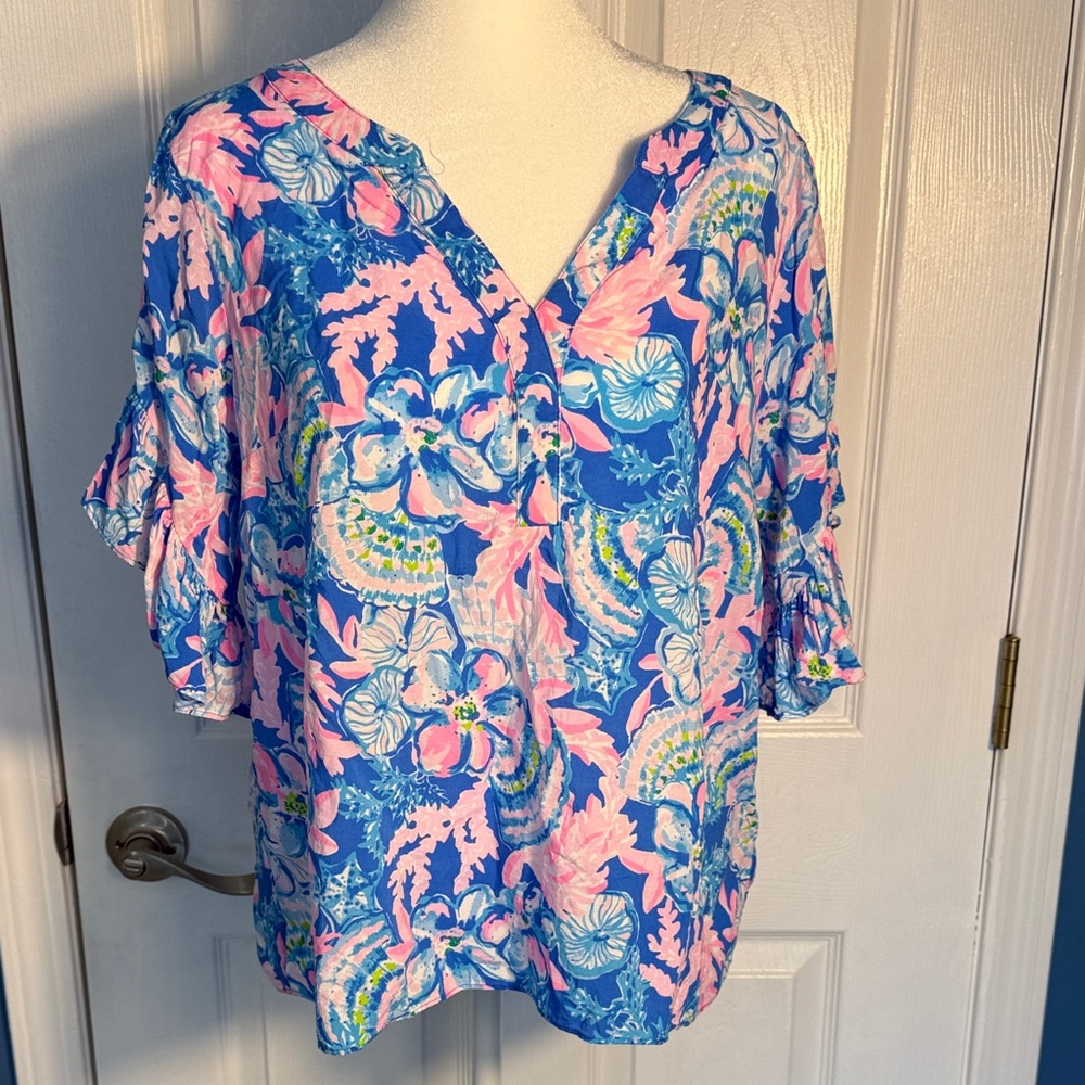 Lilly Pulitzer Blue and Pink Floral Blouse - Picture 1 of 6